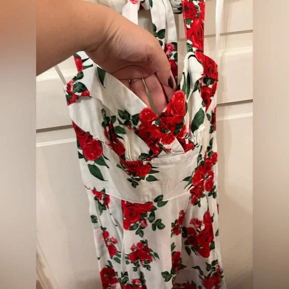 White Midi Dress with Red Rose Print - Floral Tie-Back Sundress - Picture 2 of 3